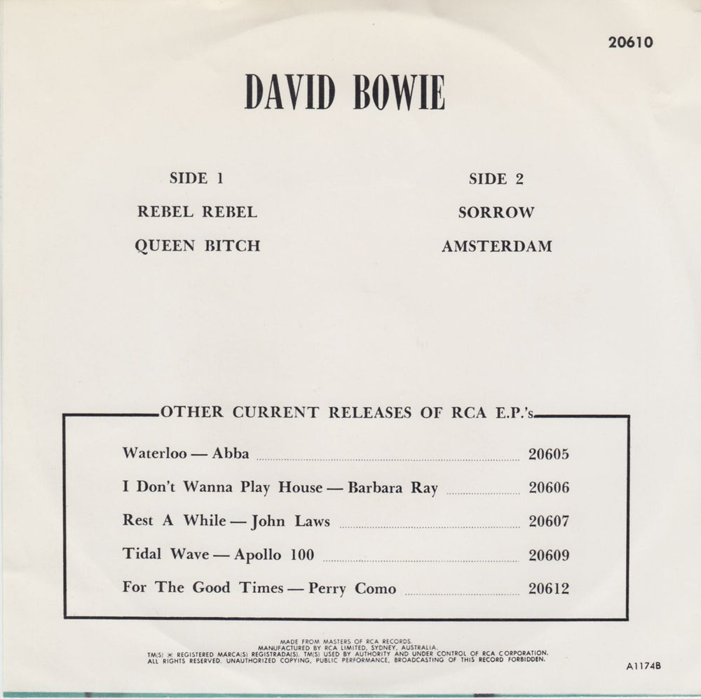David Bowie Rebel Rebel EP Australian 7" vinyl single (7 inch record / 45) BOW07RE45510