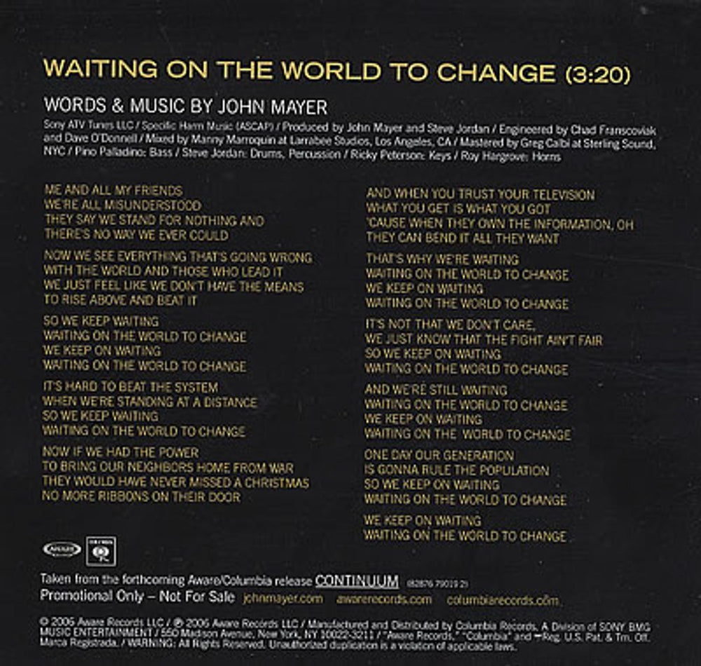 John Mayer Waiting On The World To Change US Promo CD-R acetate J/MCRWA374072
