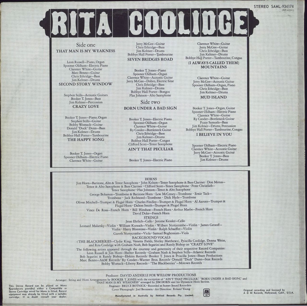 Rita Coolidge Rita Coolidge Australian vinyl LP album (LP record)