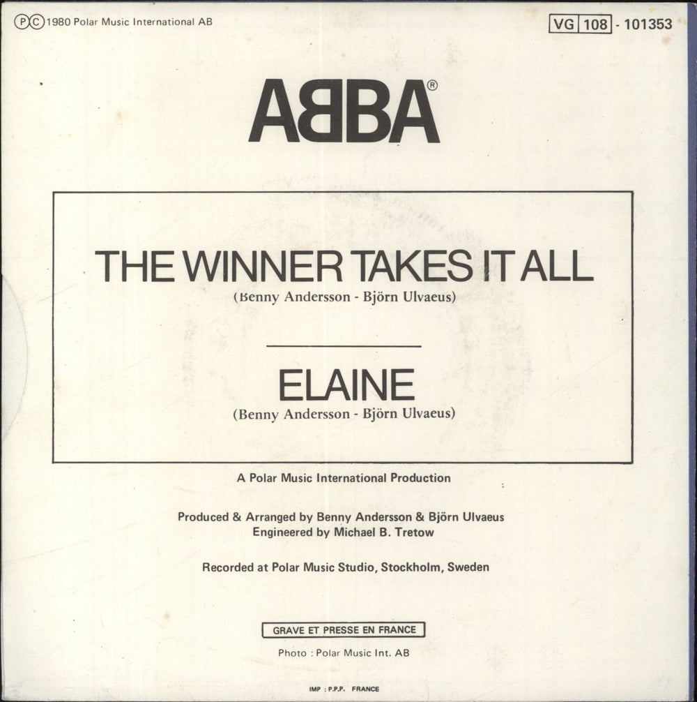 Abba The Winner Takes It All French 7" vinyl single (7 inch record / 45)