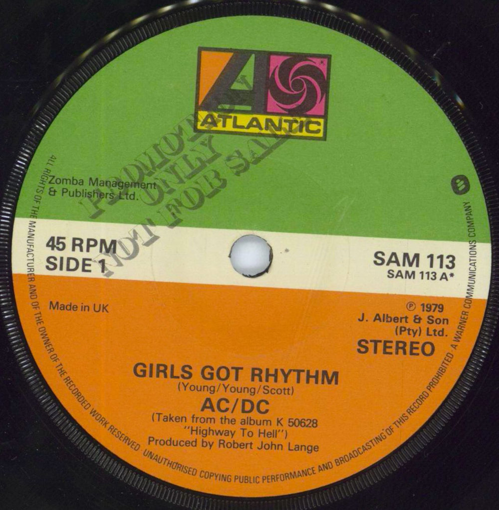 AC/DC Girls Got Rhythm UK Promo 7" vinyl single (7 inch record / 45) SAM113