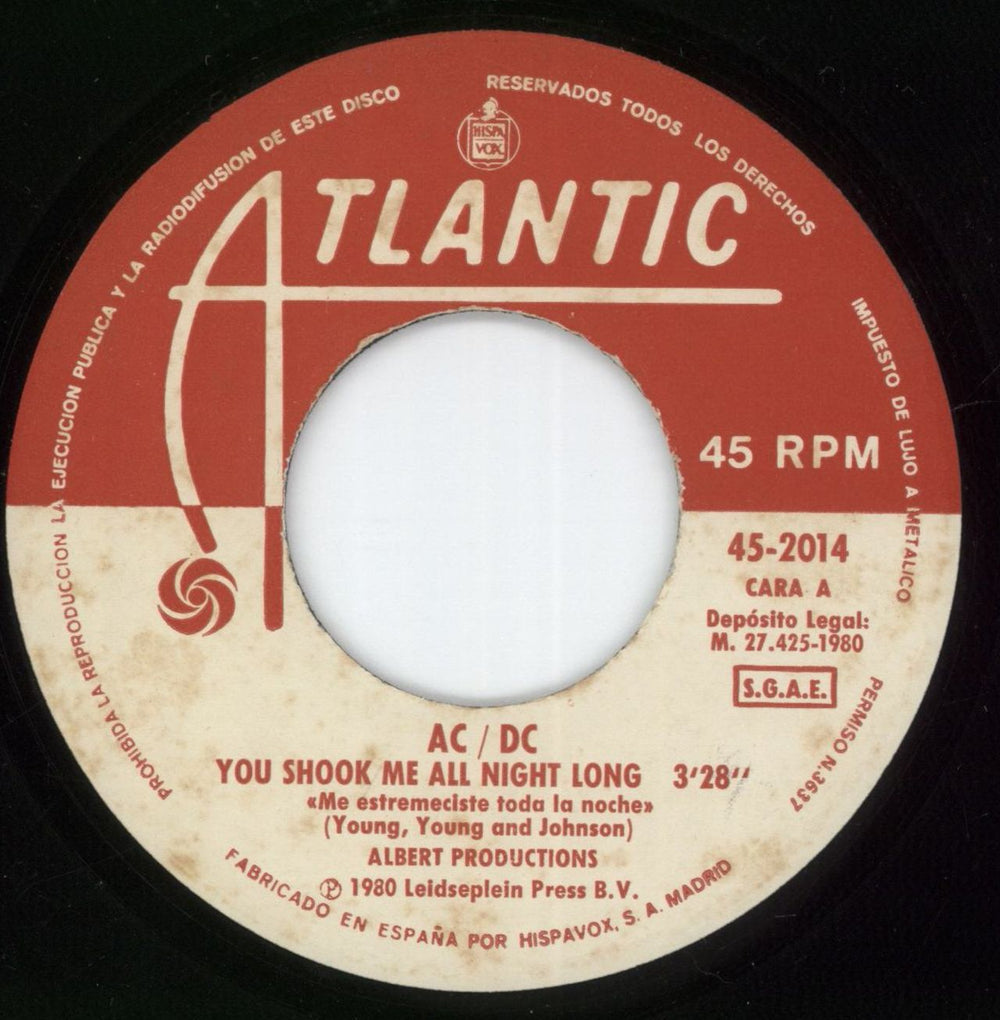 AC/DC You Shook Me All Night Long Spanish 7" vinyl single (7 inch record / 45) ACD07YO36732