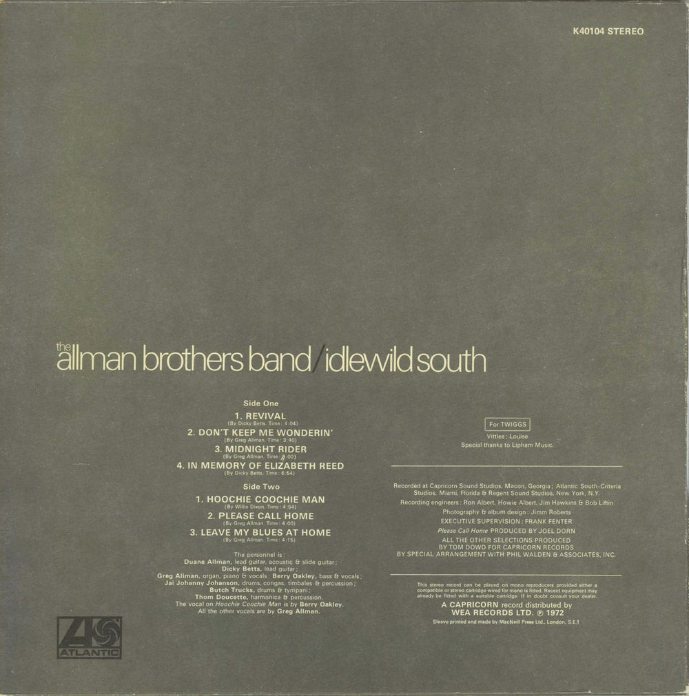 Allman Brothers Band Idlewild South UK vinyl LP album (LP record)