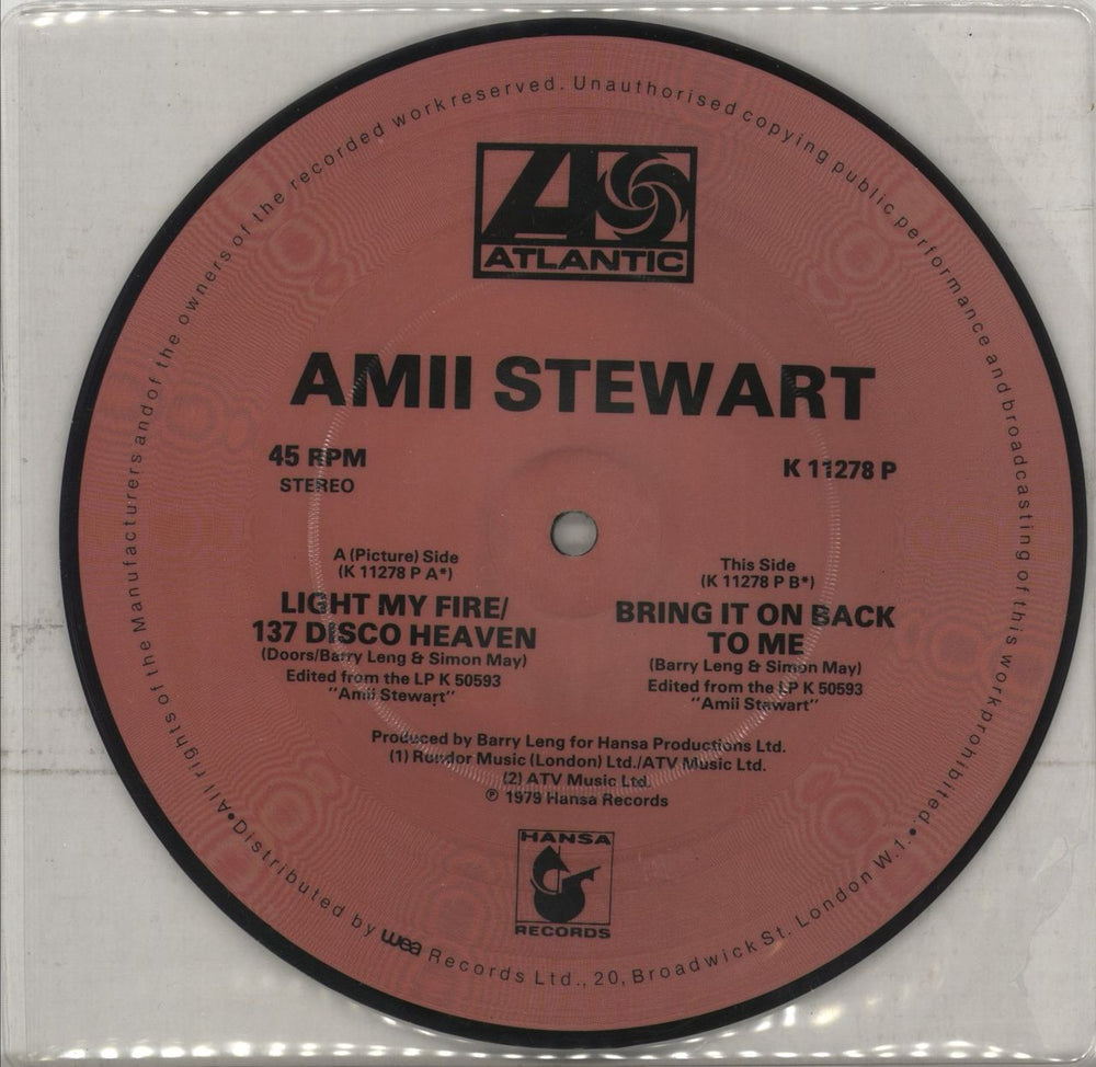 Amii Stewart Light My Fire UK 7" vinyl picture disc (7 inch picture disc single)