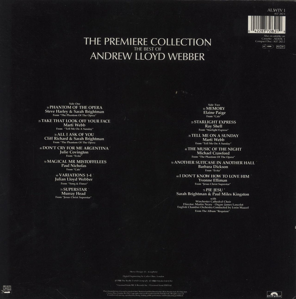 Andrew Lloyd Webber The Premiere Collection + PR Sheet UK vinyl LP album (LP record) 042283728219