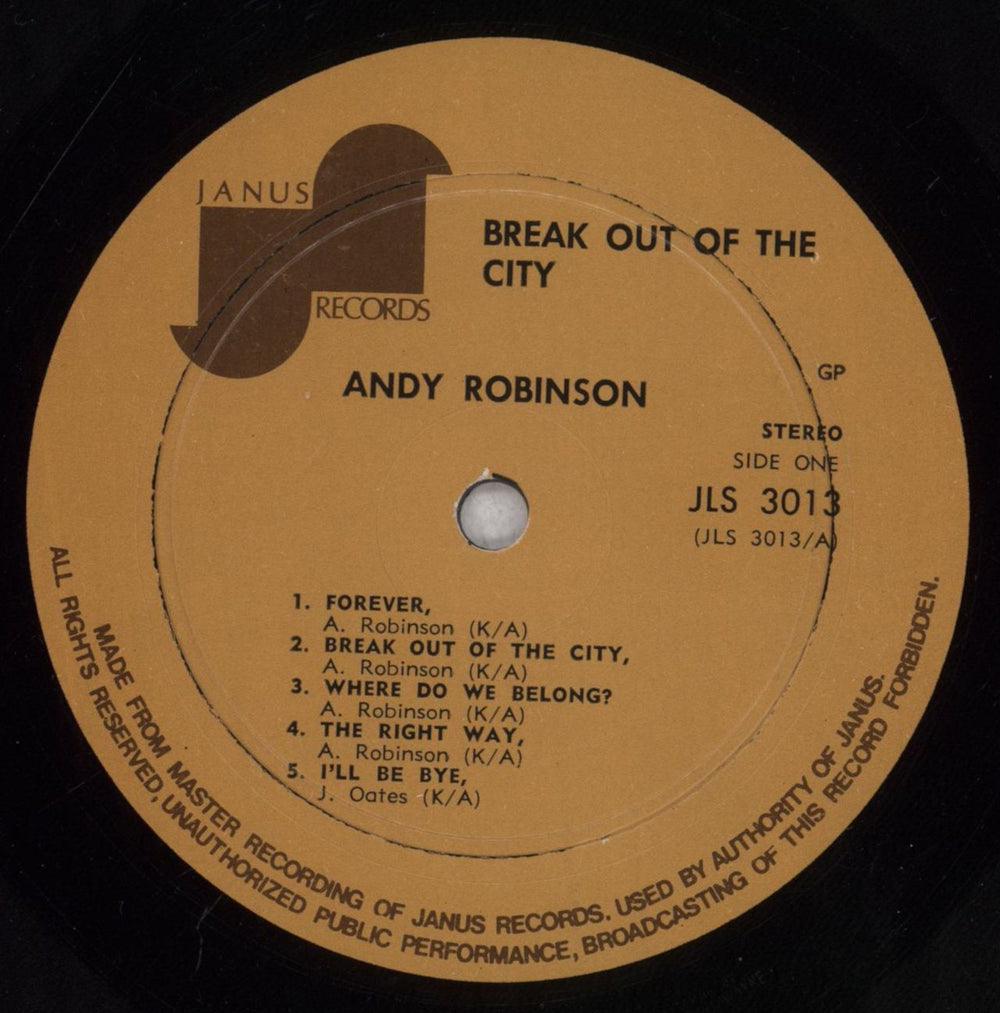 Andy Robinson Break Out Of The City US vinyl LP album (LP record) 51ILPBR838766