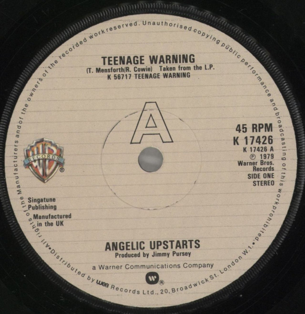 Angelic Upstarts Teenage Warning UK 7" vinyl single (7 inch record / 45) AUP07TE213301