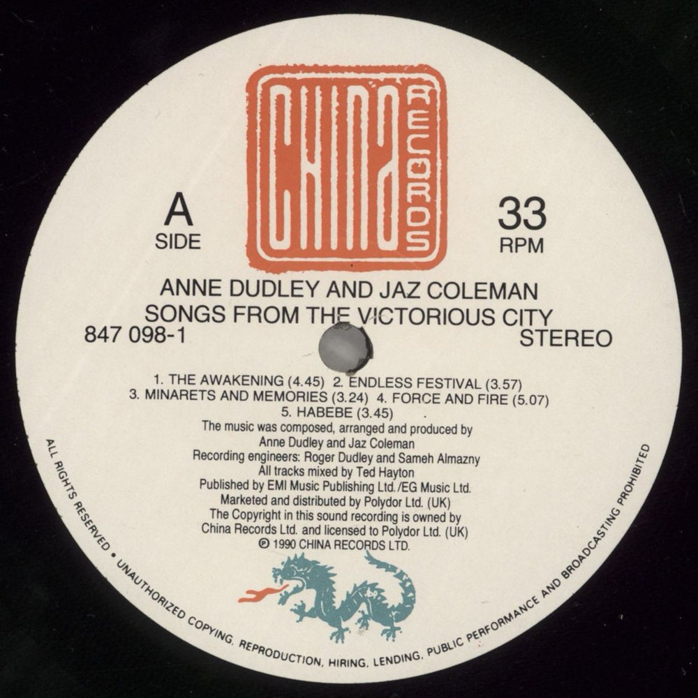 Anne Dudley & Jaz Coleman Songs From The Victorious City UK vinyl LP album (LP record) ADJLPSO879618