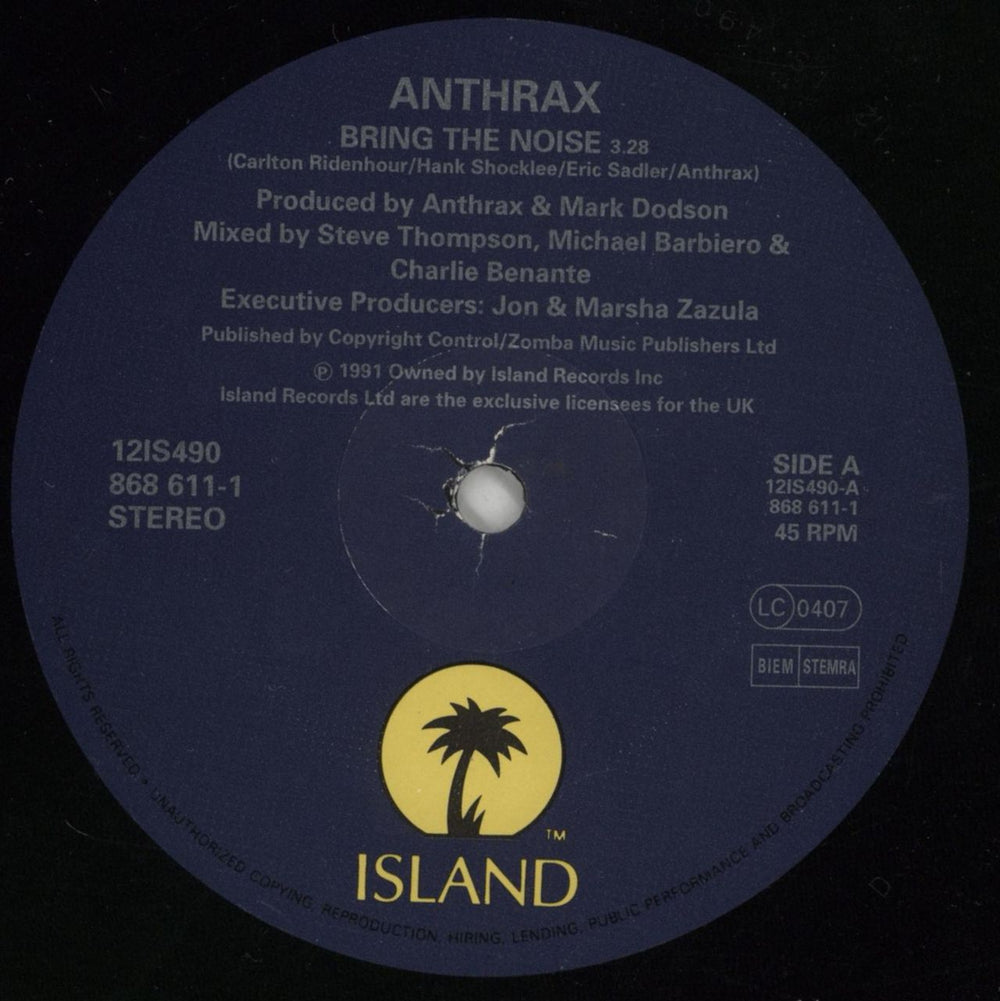Anthrax Bring The Noise UK 12" vinyl single (12 inch record / Maxi-single) ANX12BR107180