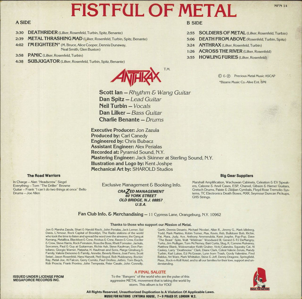 Anthrax Fistful Of Metal - EX UK vinyl LP album (LP record)