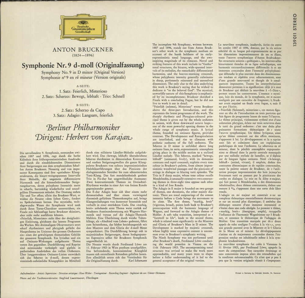 Anton Bruckner Bruckner: Symphonie Nr. 9 D-moll German vinyl LP album (LP record)