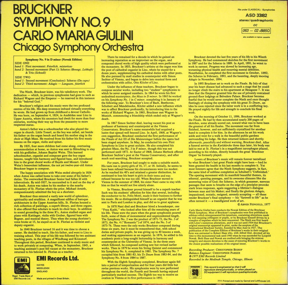 Anton Bruckner Symphony No. 9 - Quad UK vinyl LP album (LP record)