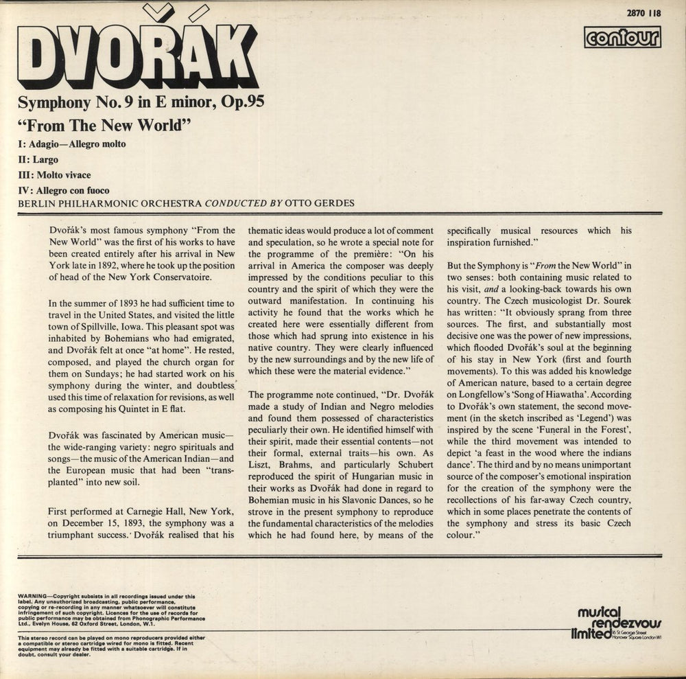 Antonín Dvorák Dvorák: Symphony No. 9 In E Minor Op.95 "From The New World" UK vinyl LP album (LP record)