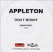 Appleton Don't Worry UK Promo CD-R acetate CDR ACETATE