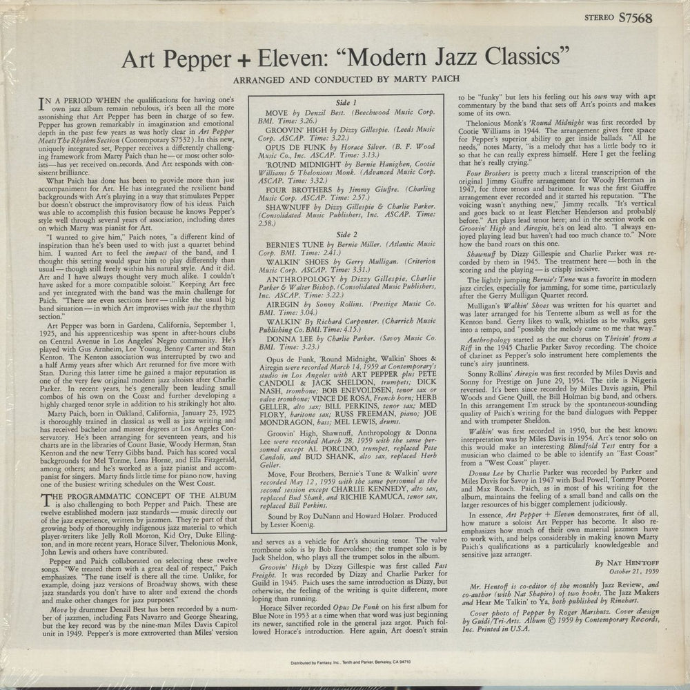 Art Pepper Modern Jazz Classics US vinyl LP album (LP record)