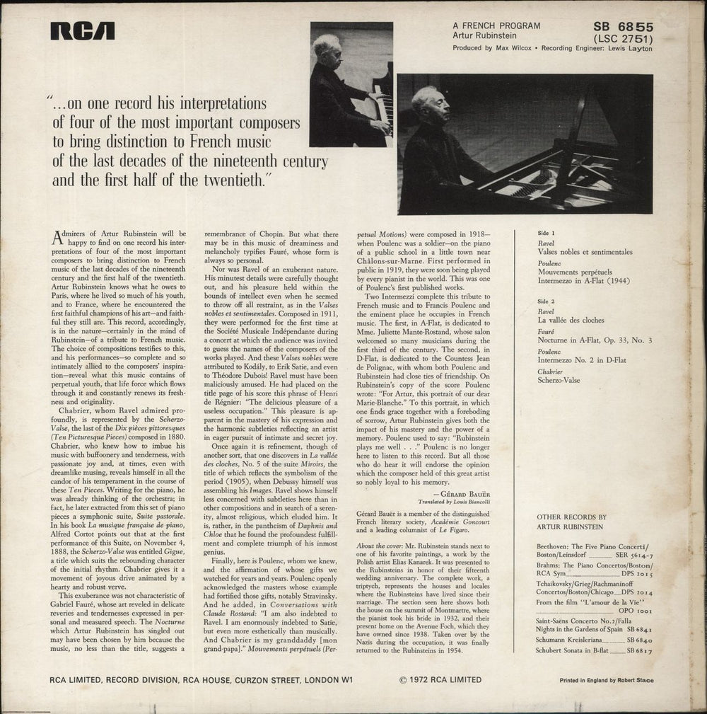 Artur Rubinstein A French Program UK vinyl LP album (LP record)