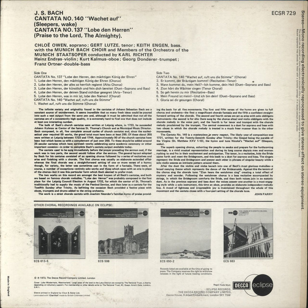 Bach Collegium München Bach: Cantata No. 140 "Wachet Auf" / Cantata No. 137 "Lobe Den Herren" UK vinyl LP album (LP record)