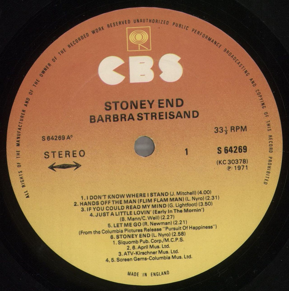 Barbra Streisand Stoney End UK vinyl LP album (LP record) BARLPST457264