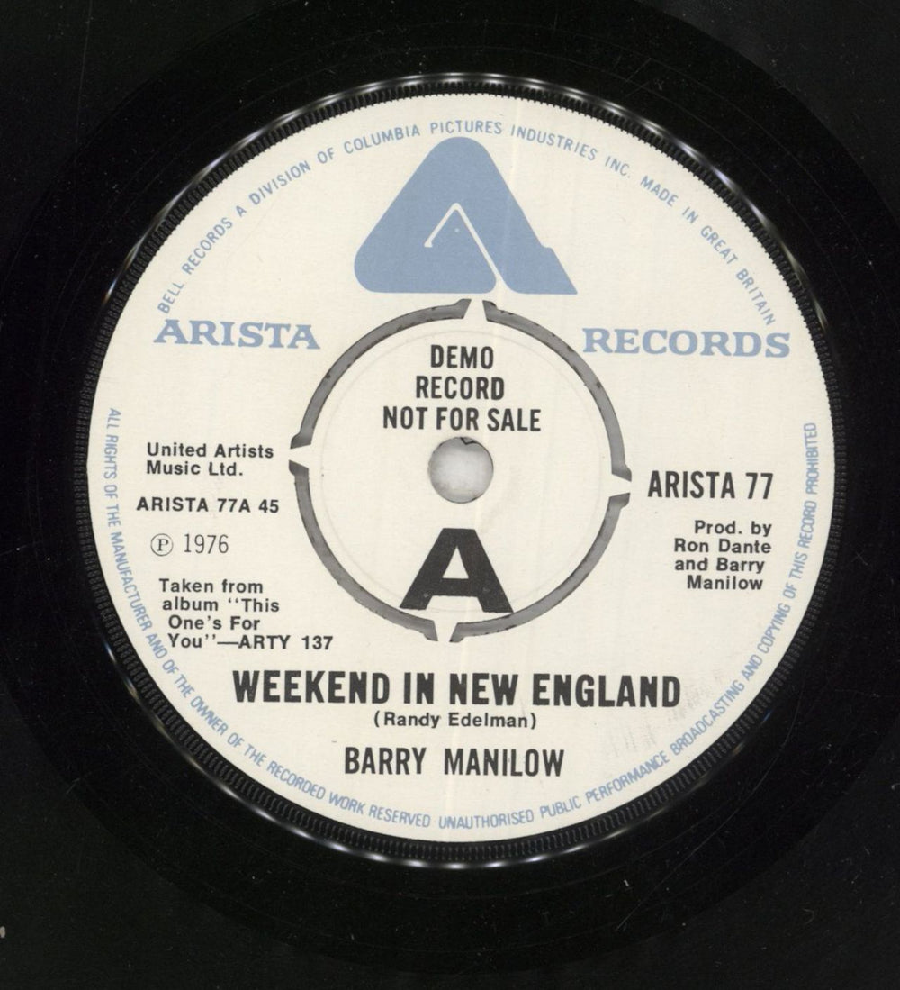 Barry Manilow Weekend In New England UK Promo 7" vinyl single (7 inch record / 45) ARISTA77