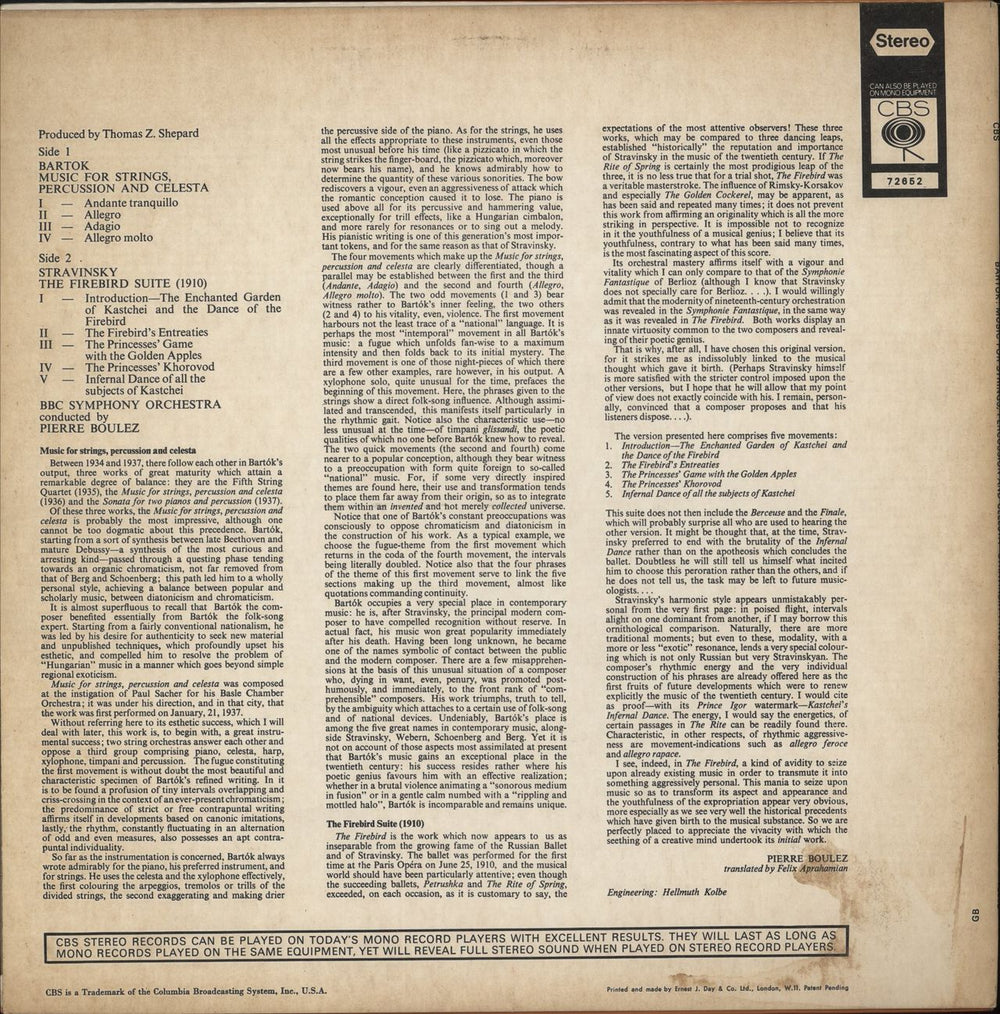 BBC Symphony Orchestra Bartok: Music For Strings, Percussion & Celesta / Stravinsky: The Firebird Suite UK vinyl LP album (LP record)