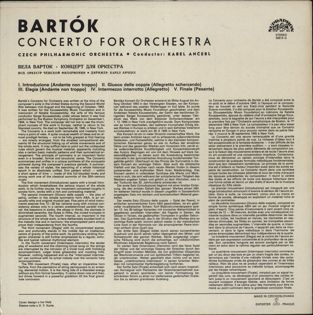 Béla Bartók Bartók: Concerto For Orchestra Czech Vinyl LP