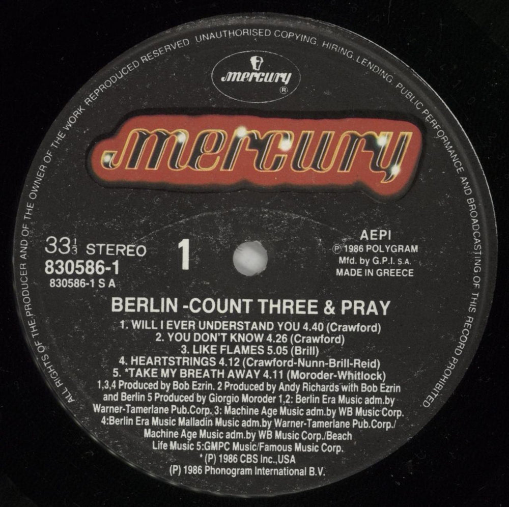 Berlin Count Three & Pray - Hype Sticker Greek vinyl LP album (LP record) BERLPCO874804