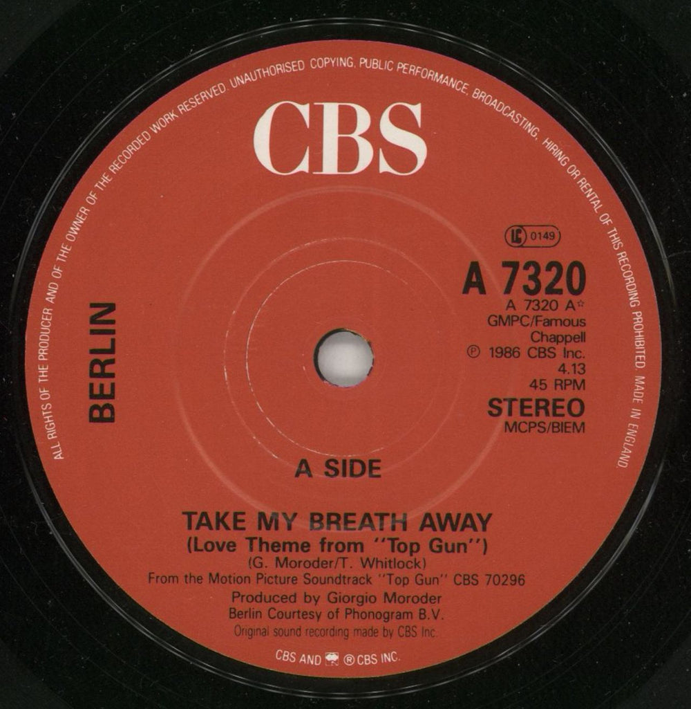 Berlin Take My Breath Away UK 7" vinyl single (7 inch record / 45) BER07TA273217