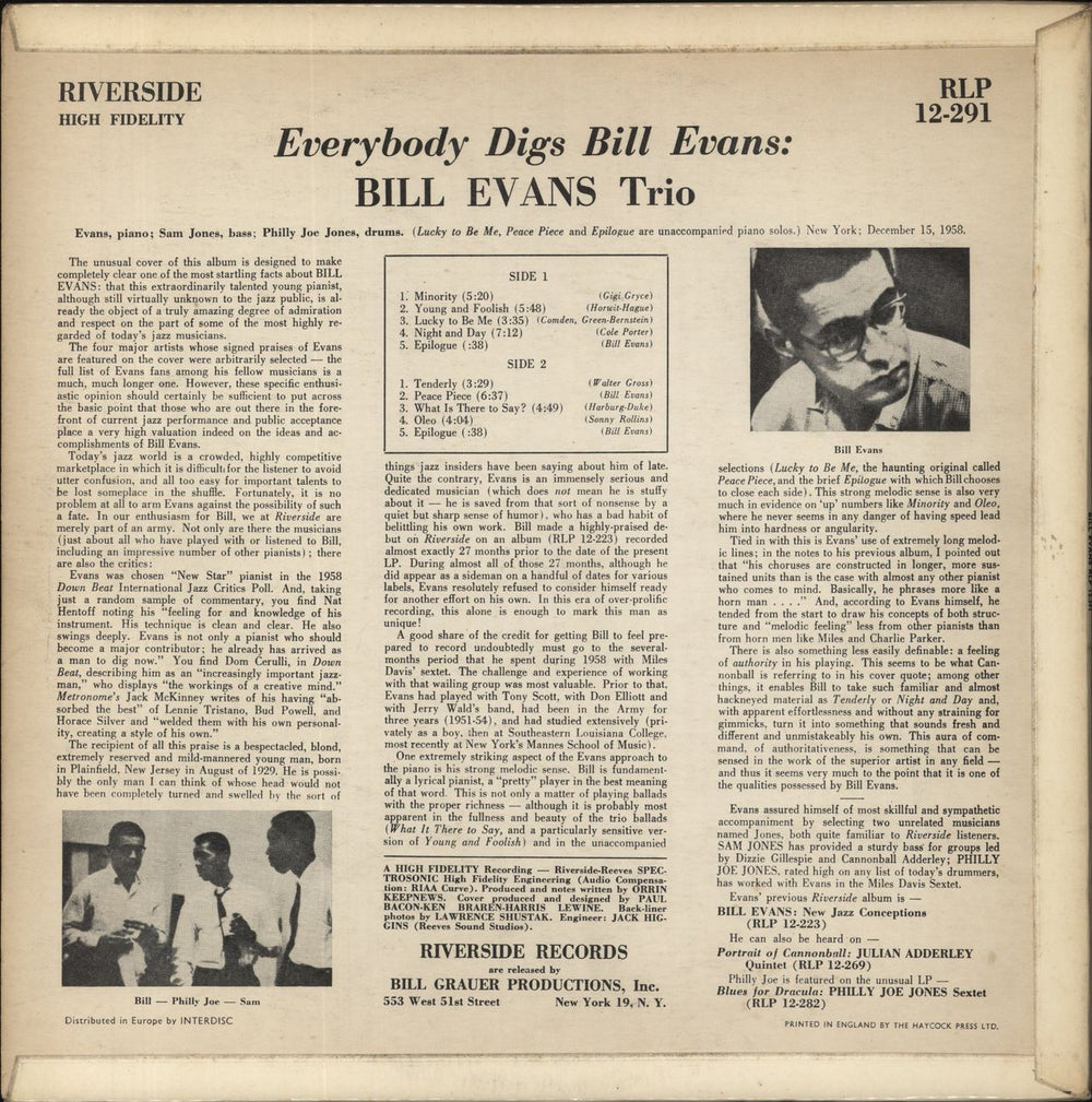 Bill Evans (Piano) Everybody Digs Bill Evans UK vinyl LP album (LP record)