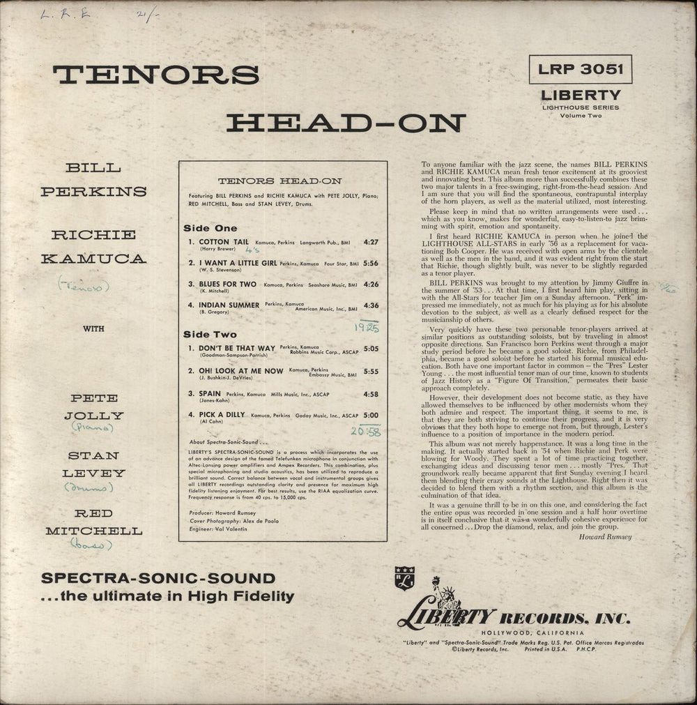 Bill Perkins Tenors Head-On US vinyl LP album (LP record)