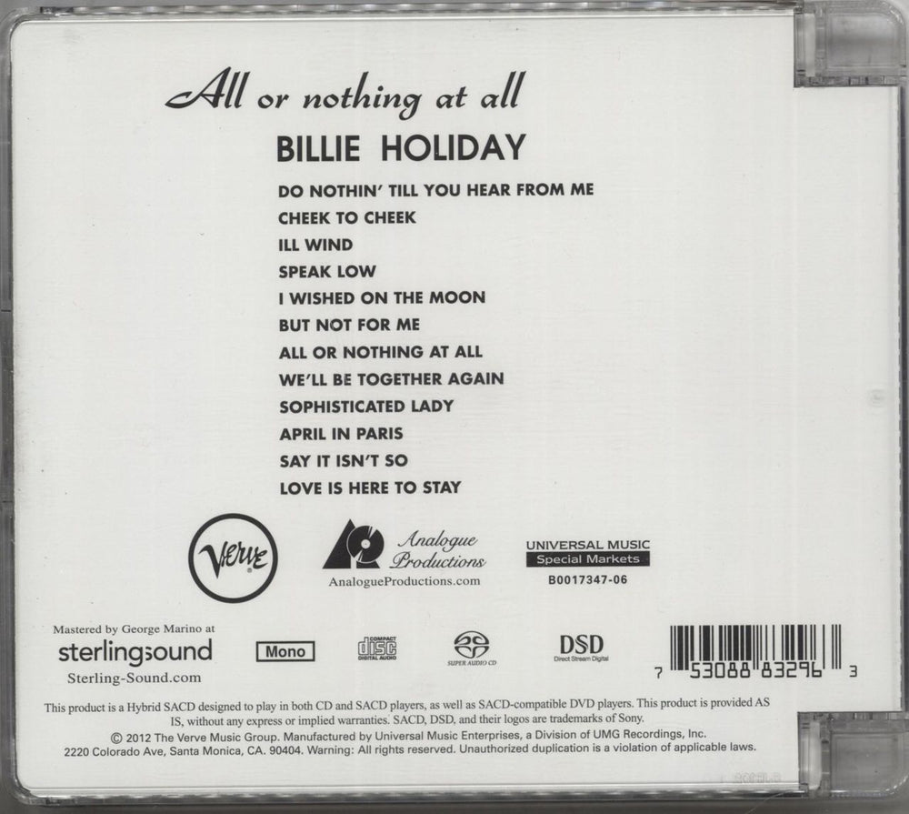 Billie Holiday All or Nothing at All US super audio CD SACD 753088832963