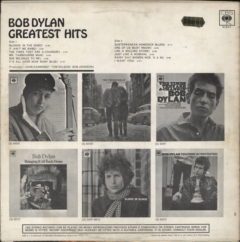 Bob Dylan Greatest Hits - 1st Stereo - E & J Day Sleeve UK vinyl LP album (LP record)