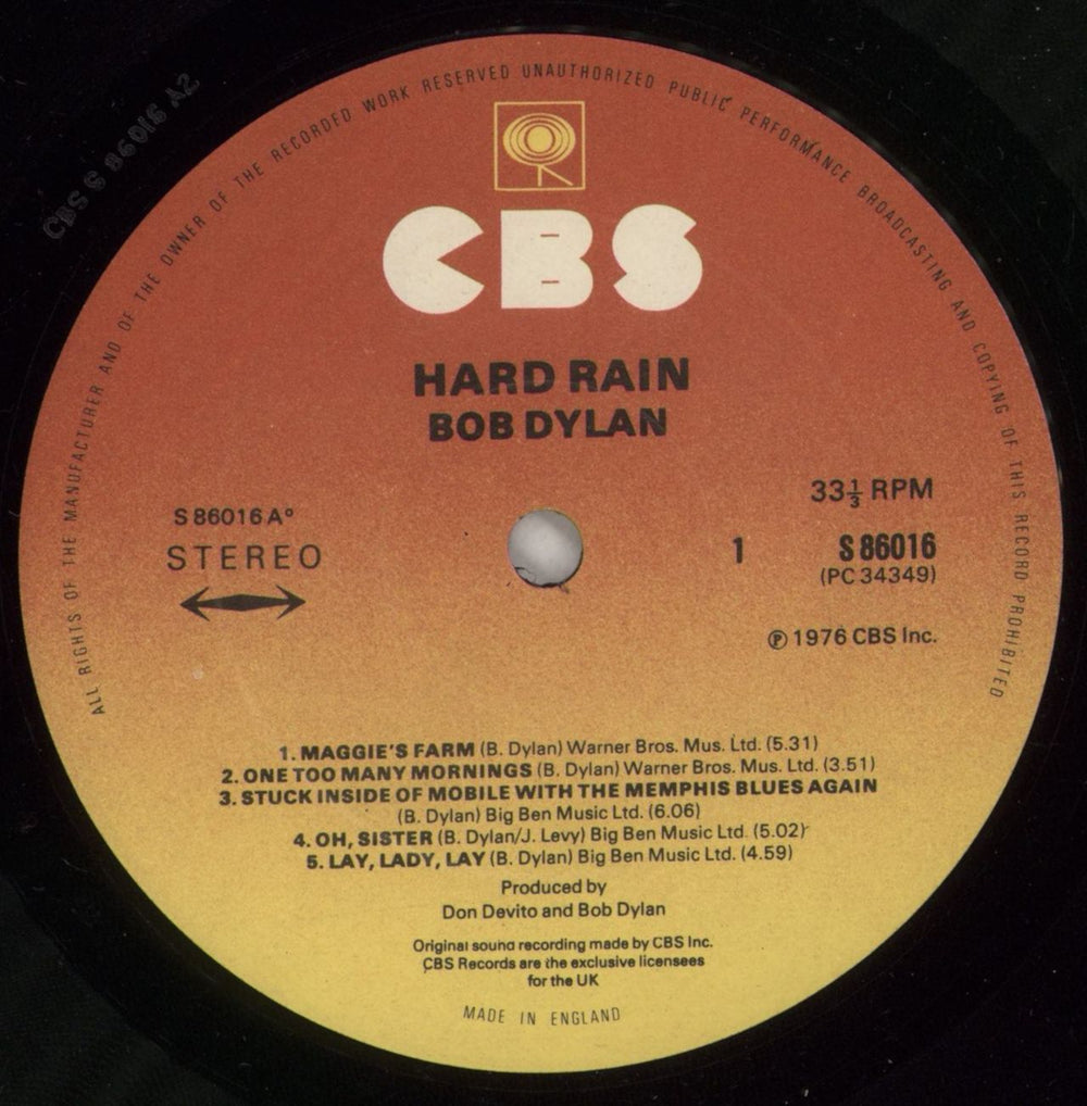 Bob Dylan Hard Rain UK vinyl LP album (LP record) DYLLPHA171437