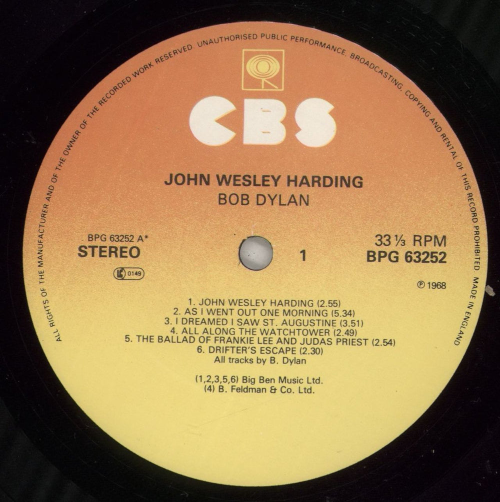 Bob Dylan John Wesley Harding - 3rd UK vinyl LP album (LP record) DYLLPJO542065