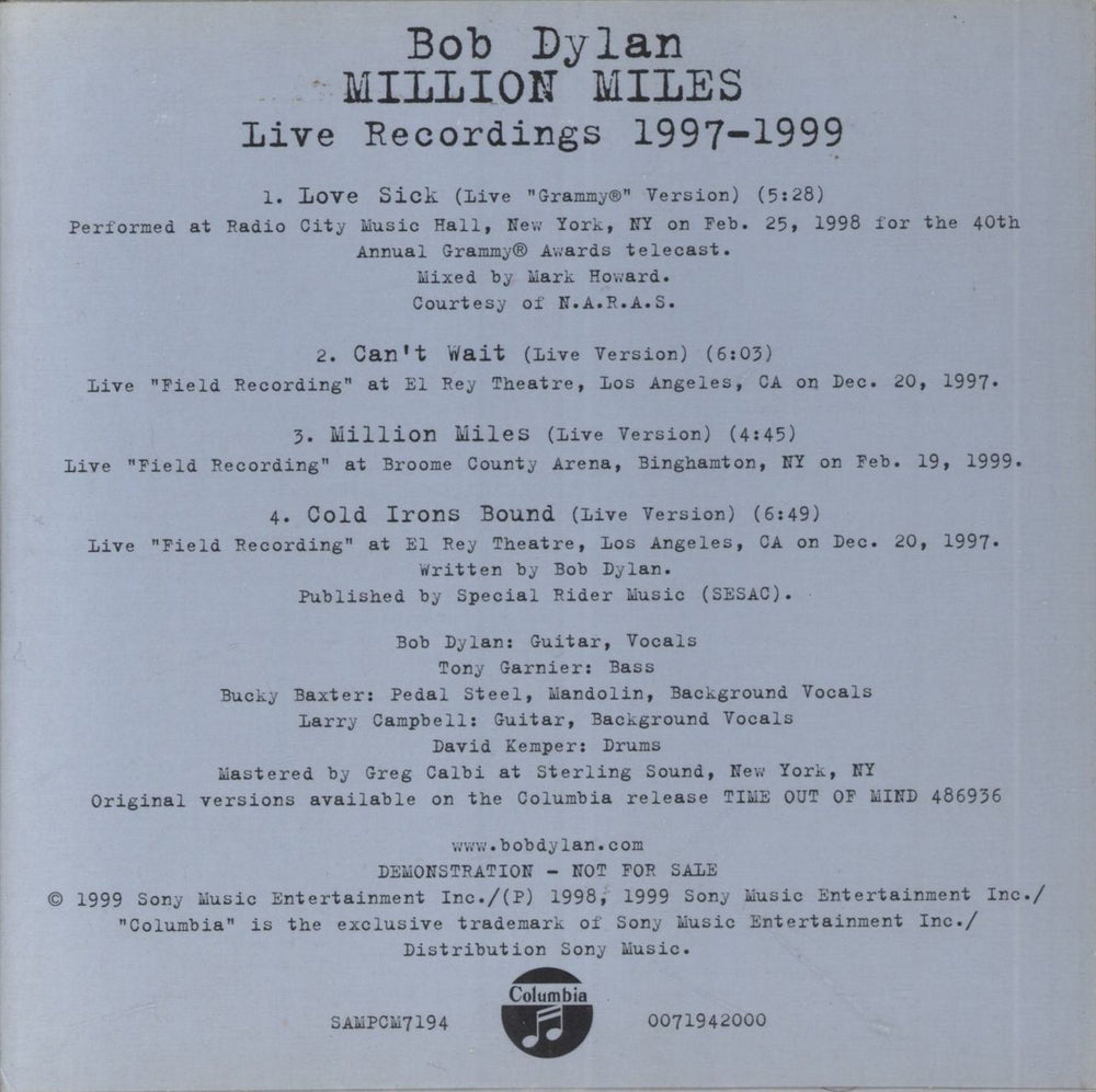 Bob Dylan Million Miles - Live Recordings 1997-1999 Austrian Promo CD single (CD5 / 5") SAMPCM7194