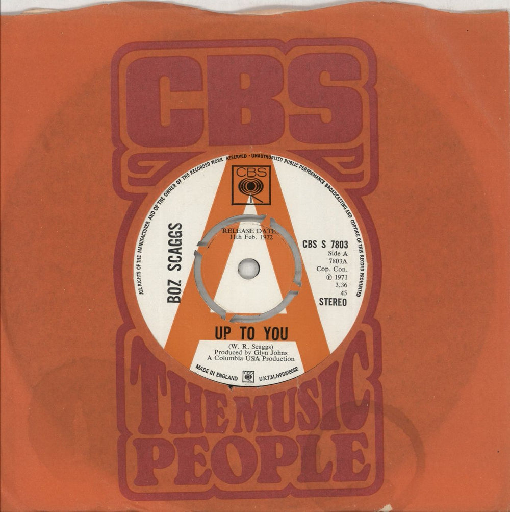 Boz Scaggs Up To You - 'A' Label UK Promo 7" vinyl single (7 inch record / 45) CBSS7803