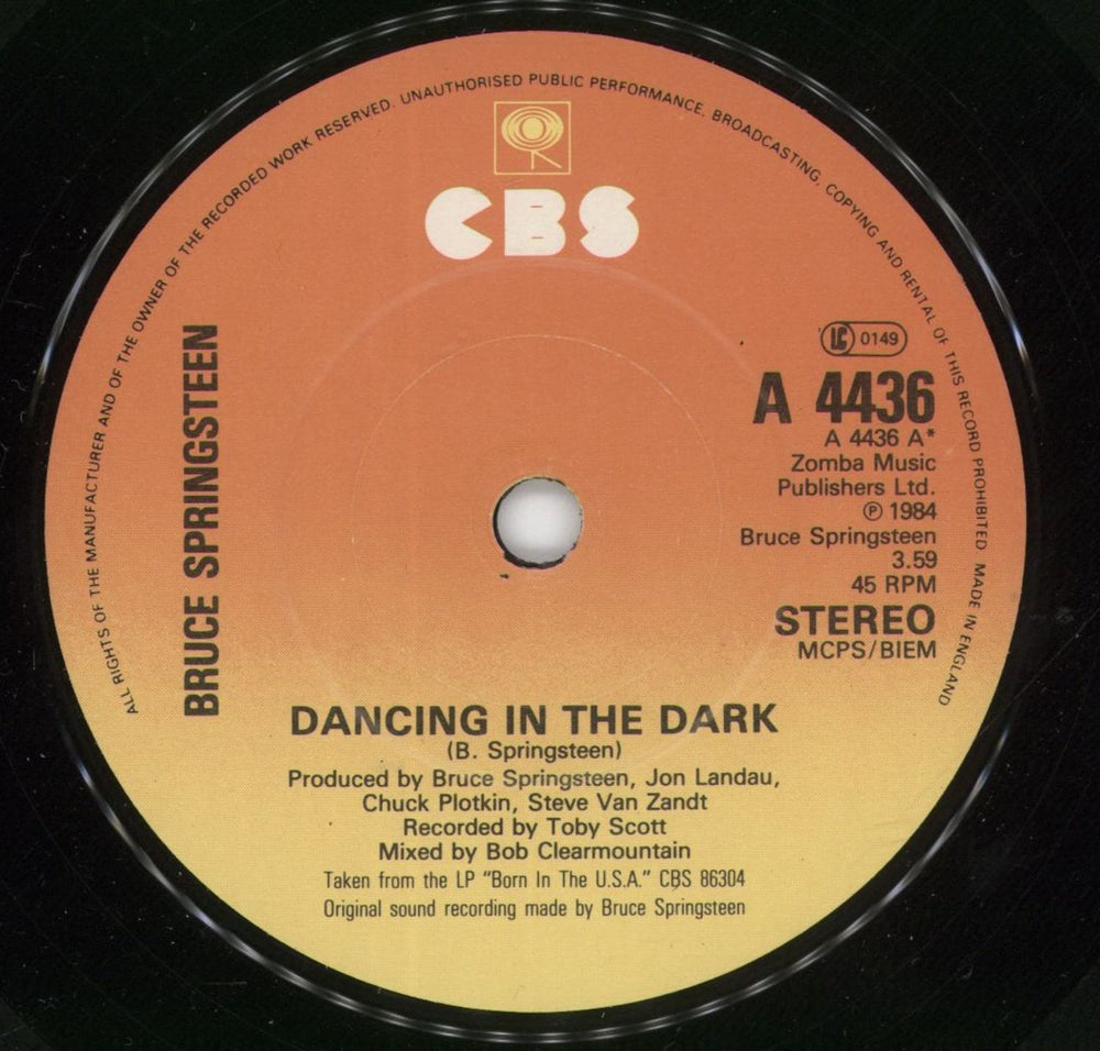 Bruce Springsteen Dancing In The Dark - P/S - Solid UK 7" vinyl single (7 inch record / 45) SPR07DA618924
