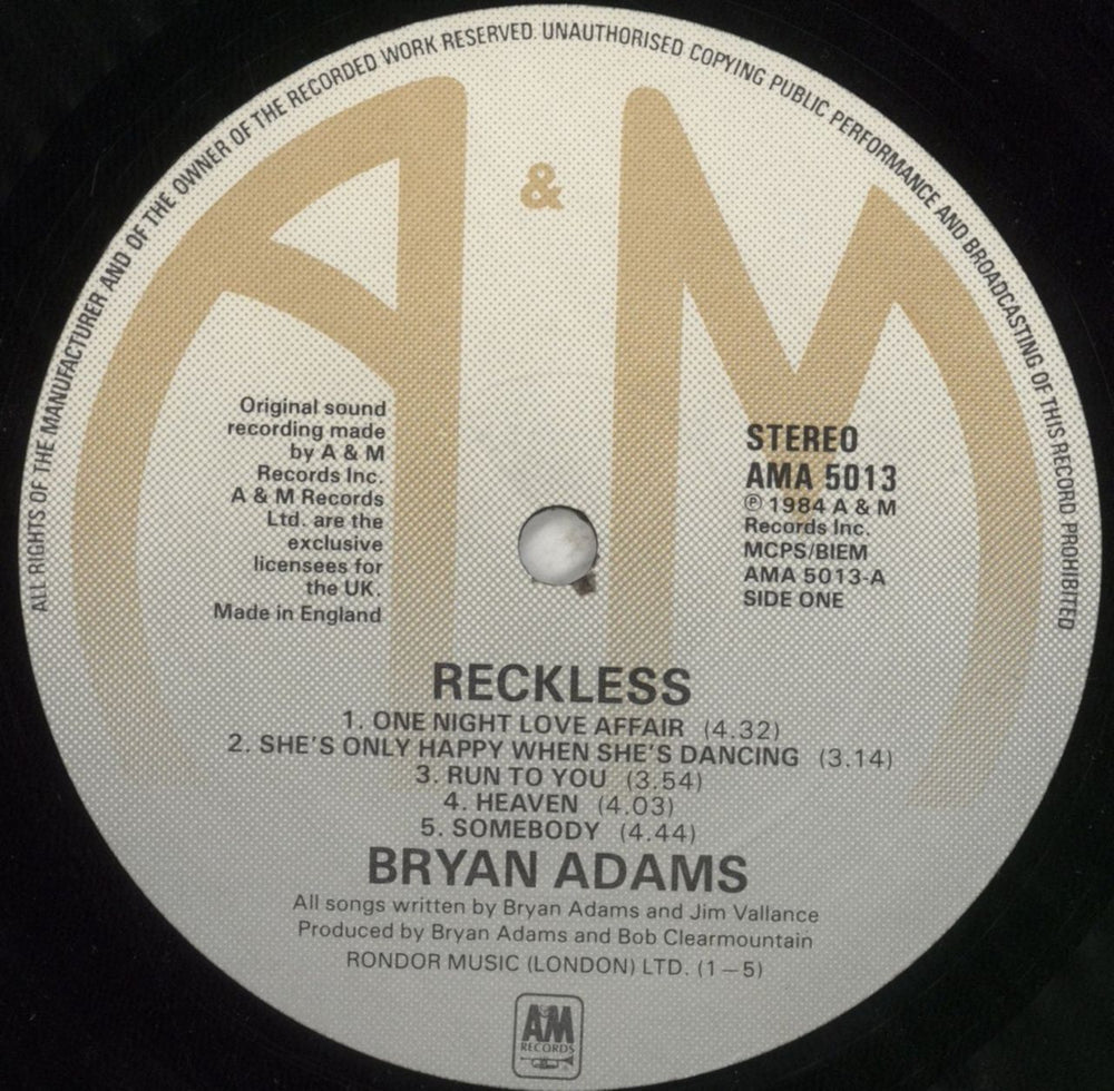 Bryan Adams Reckless - 1st UK vinyl LP album (LP record) ADALPRE245458