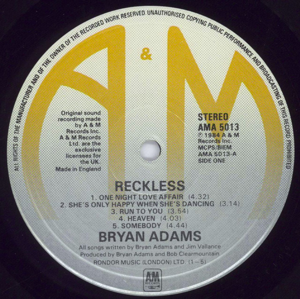 Bryan Adams Reckless - 2nd UK vinyl LP album (LP record) ADALPRE829302