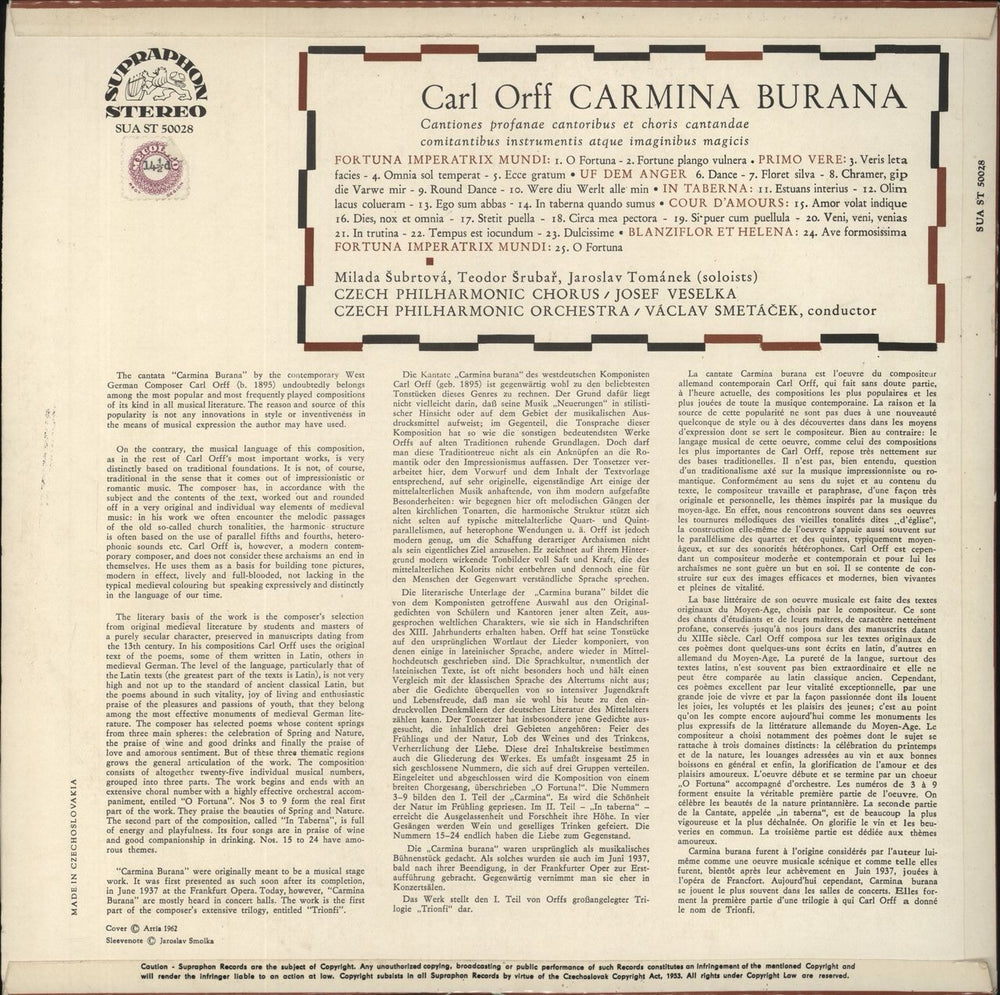 Carl Orff Carl Orff: Carmina Burana Czech vinyl LP album (LP record)