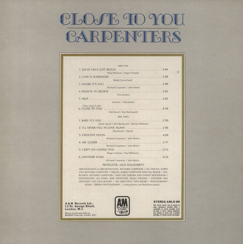 Carpenters Close To You UK vinyl LP album (LP record)