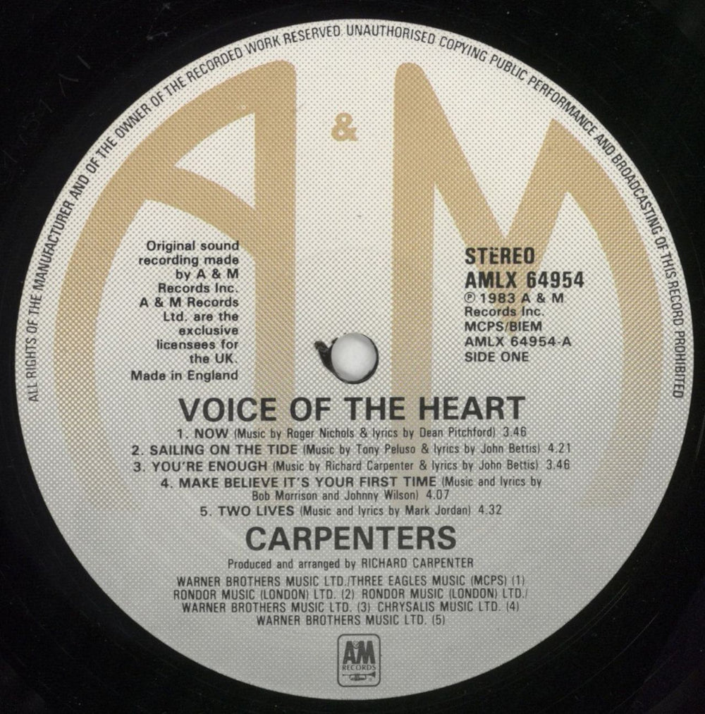 Carpenters Voice Of The Heart + lyric inner UK vinyl LP album (LP record) CRPLPVO735680