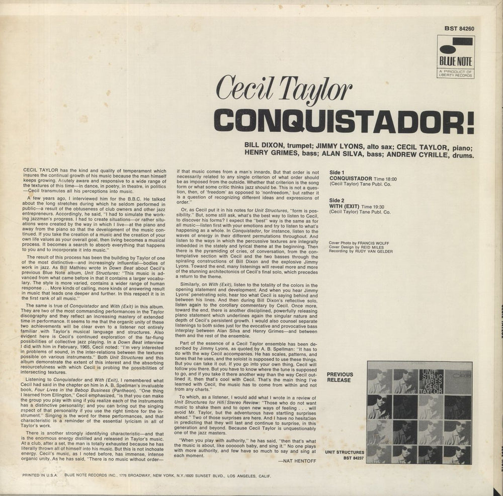 Cecil Taylor Conquistador! - Division Of Liberty - VG US vinyl LP album (LP record)