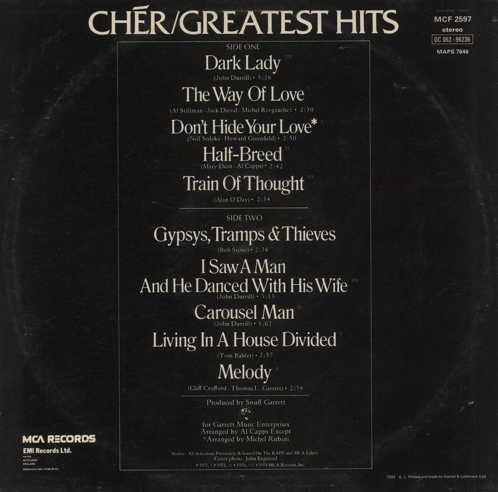 Cher Greatest Hits UK vinyl LP album (LP record)