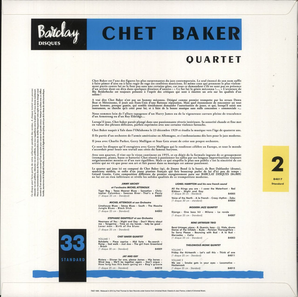 Chet Baker Quartet Vol.2 - 180g French vinyl LP album (LP record) 3700409811388