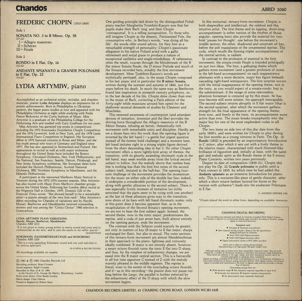 Chopin Piano Sonata No.3 / Rondo Op.16 / Andante Spianato And Grande Polonaise Op.22 UK vinyl LP album (LP record)