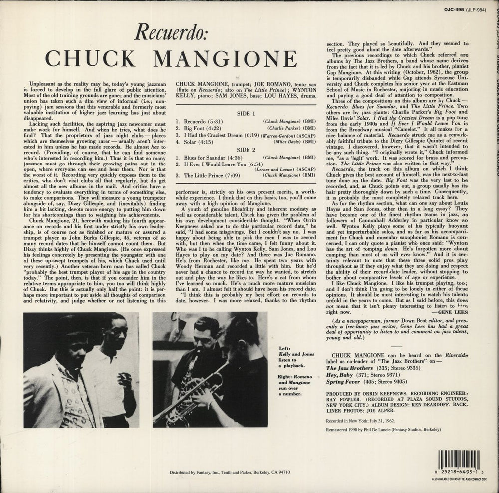 Chuck Mangione Recuerdo US vinyl LP album (LP record) 025218649513