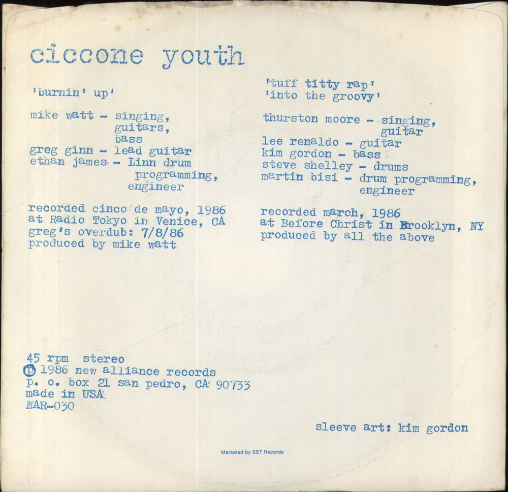 Ciccone Youth Burnin' Up US 7" vinyl single (7 inch record / 45)