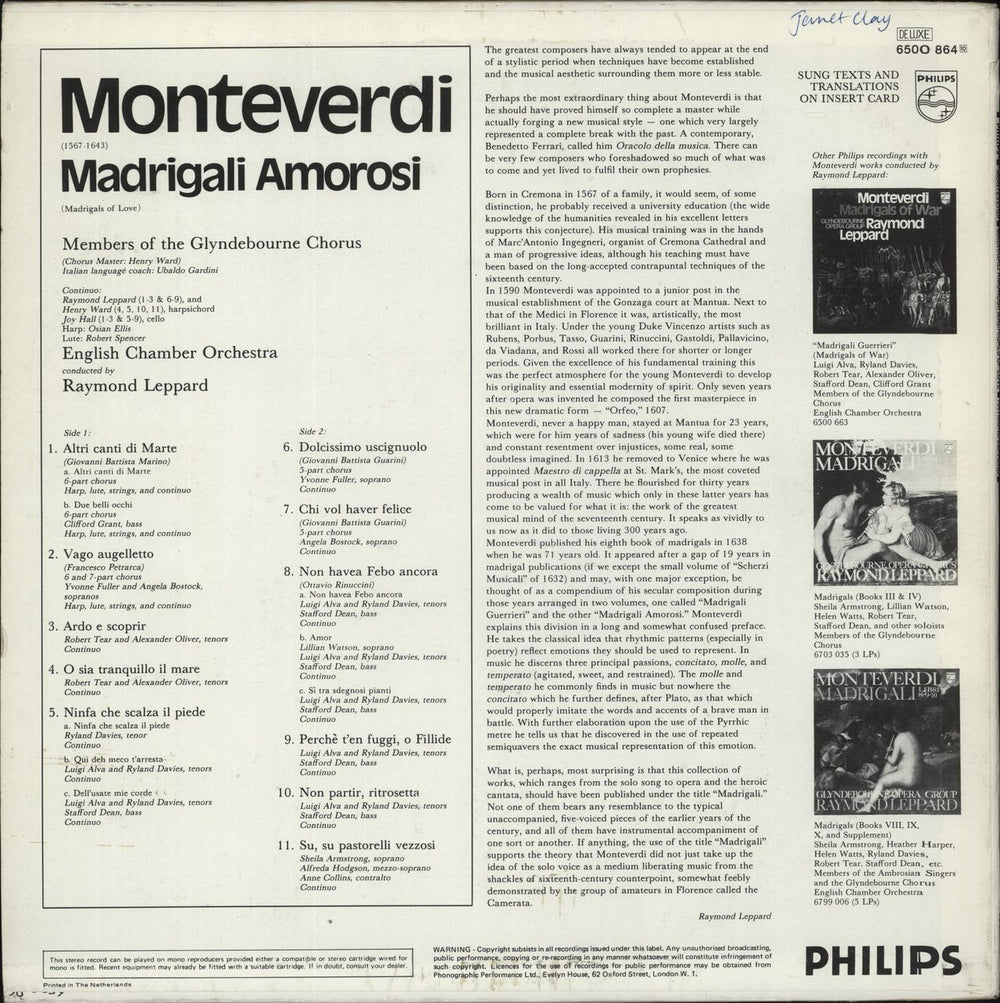 Claudio Monteverdi Madrigali Amorosi - White Label Test Pressing Dutch Promo vinyl LP album (LP record)