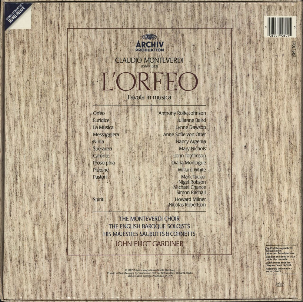 Claudio Monteverdi Monteverdi: L'Orfeo German Vinyl Box Set 028941925015