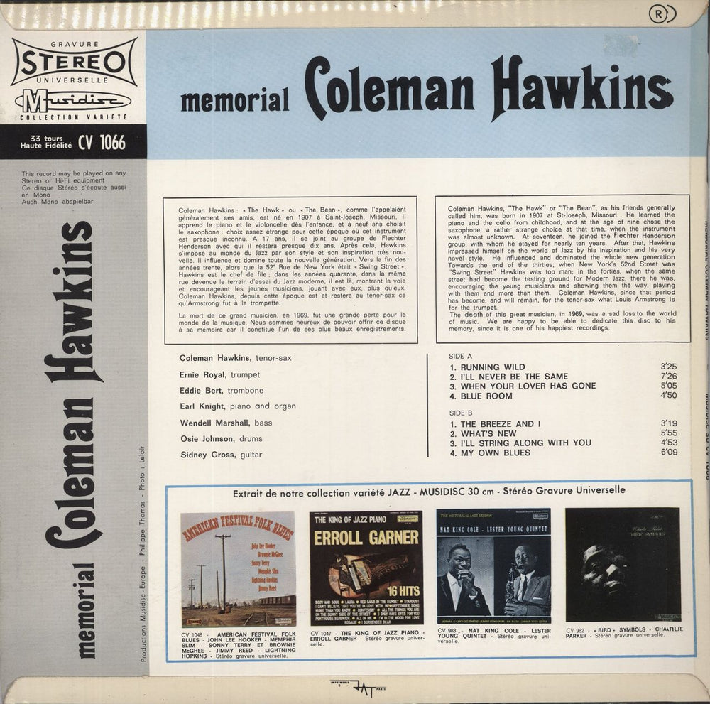 Coleman Hawkins Memorial French vinyl LP album (LP record)